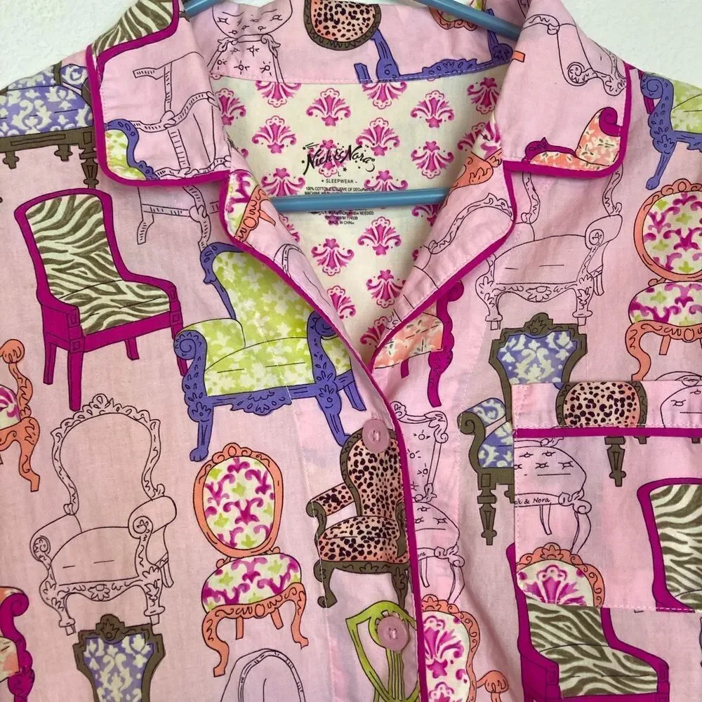 Nick & Nora VTG Rare Baroque chair print cotton pj top mint condition